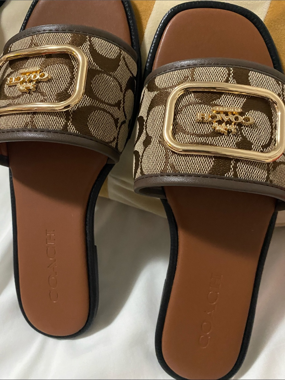 Coach Brown Signature Canvas Slide Sandals with Gold Buckle - Picture 2 of 4